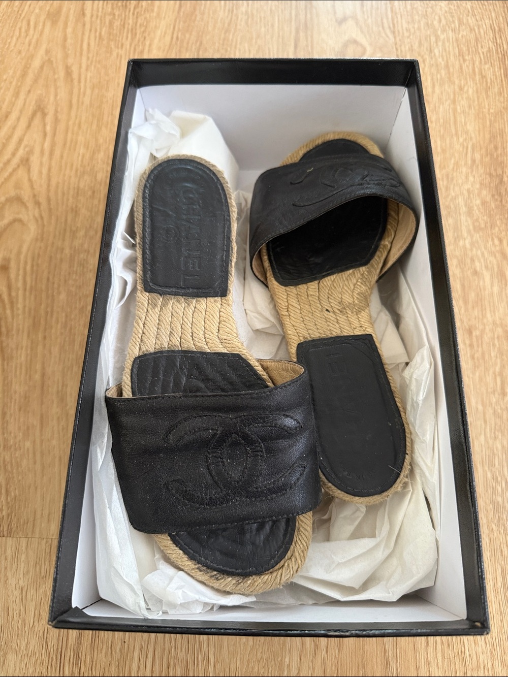 CHANEL Black Leather & Natural Espadrille Slide Sandals